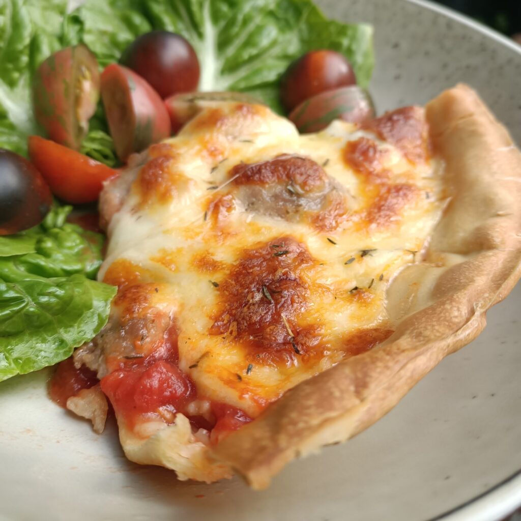 photo of a slice of pizza pie with some salad