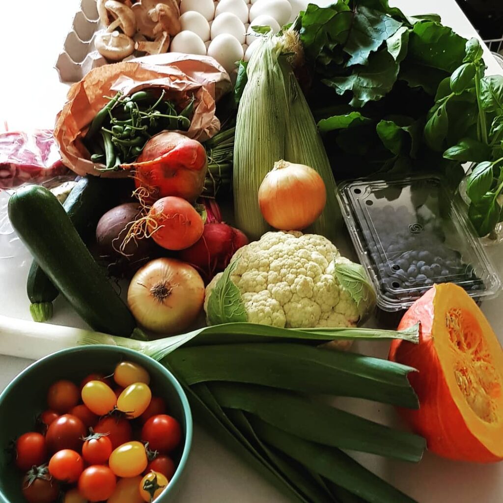 photo of a lot of colourful fruit and vegetables laid out ona bench